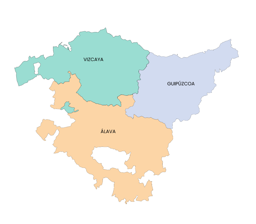 Mapa del País Vasco dividido en Bizkaia, Gipuzkoa y Álava